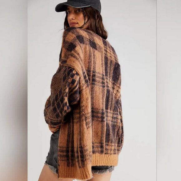 Free People Sepia Cardigan Sweater Birchwood brown plaid size XS NEW - Picture 2 of 11